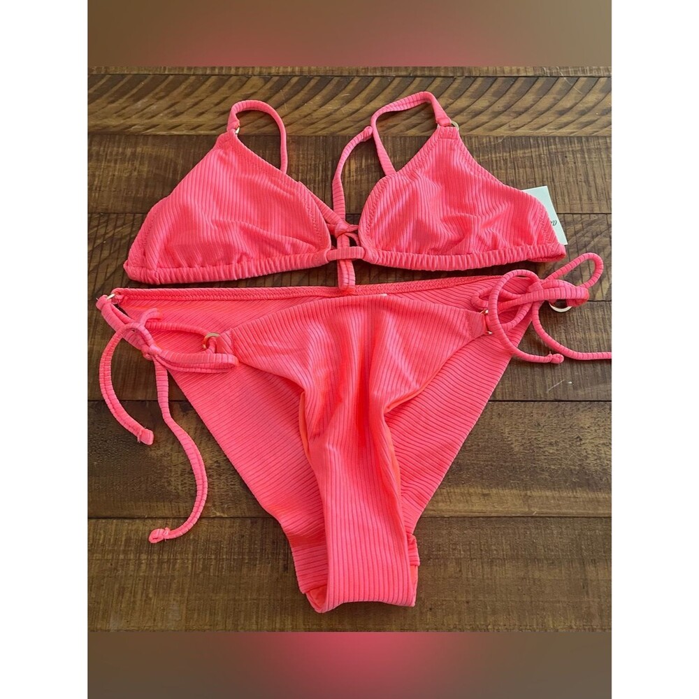 NWT Aerie FULL SET Shine Rib String Triangle Top + Tie Bottoms Neon Coral - L